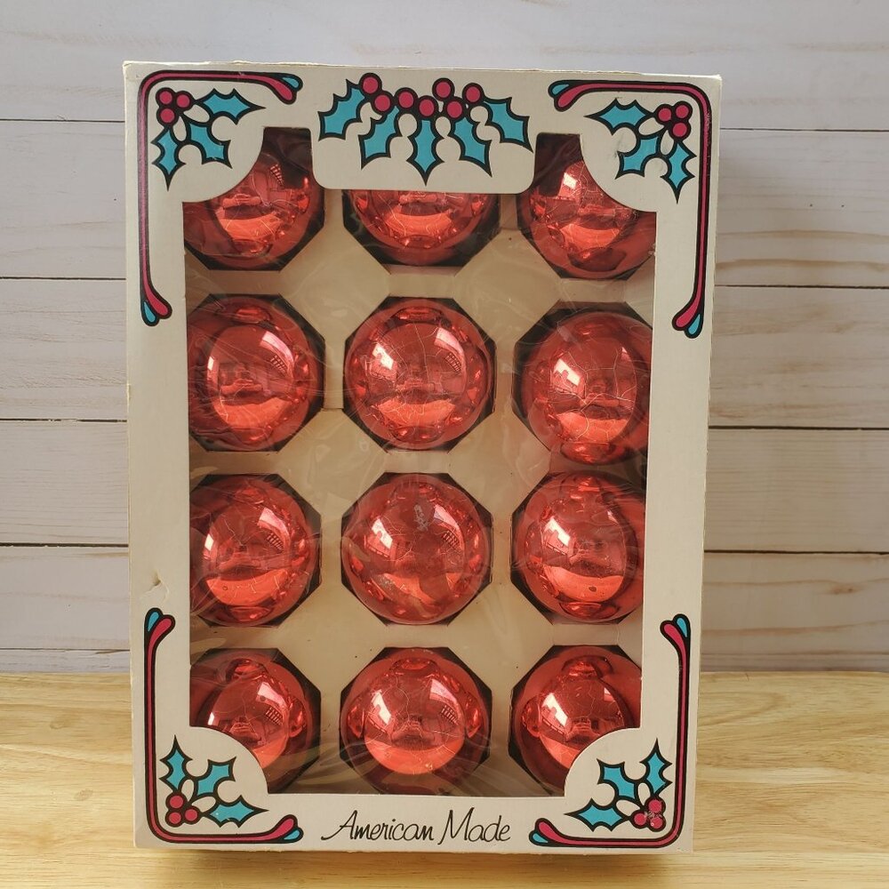 Vintage 1960s MCM Holly Glass Christmas Ornaments Set Of 12 Red 2" Original Box